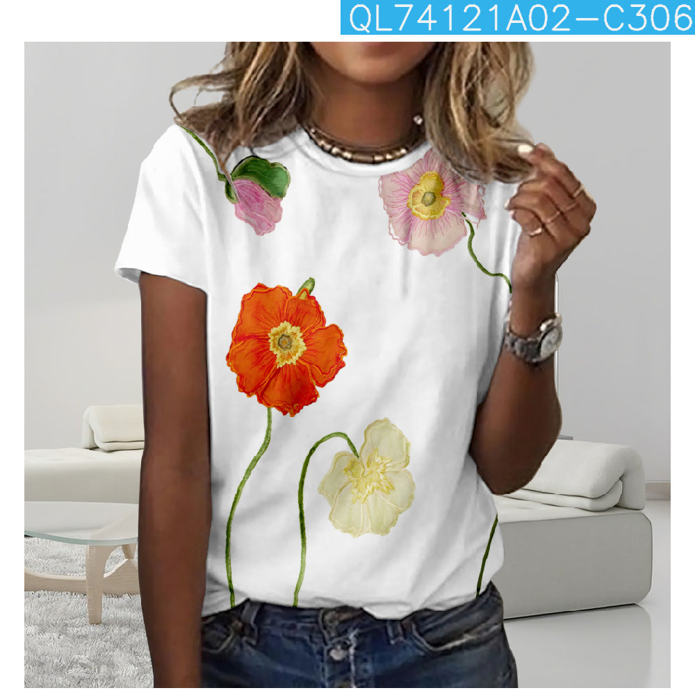 Flower 3D Digital Printing Casual Trend Short Sleeve Women's T-shirt - Chic Angle